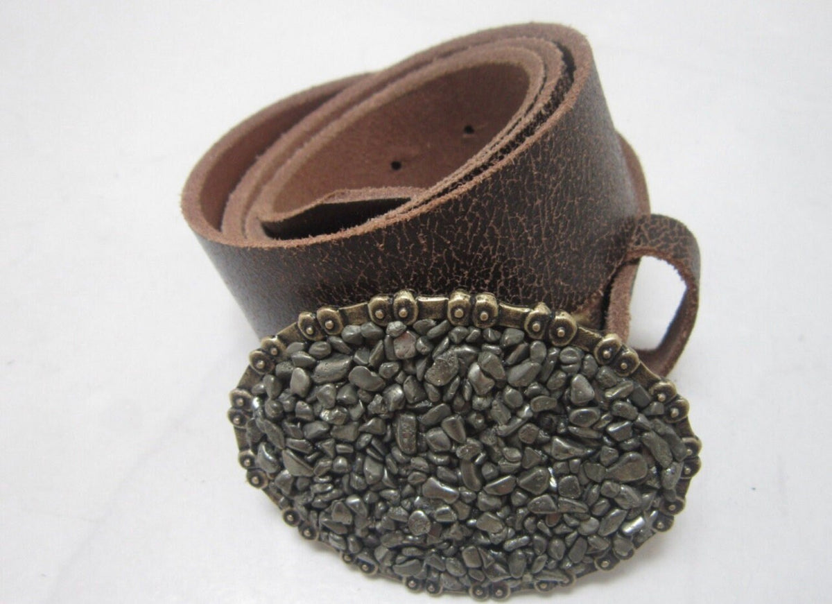 Pyrite Gemstone Belt Buckle: Brass Chain Edge Leather Belt