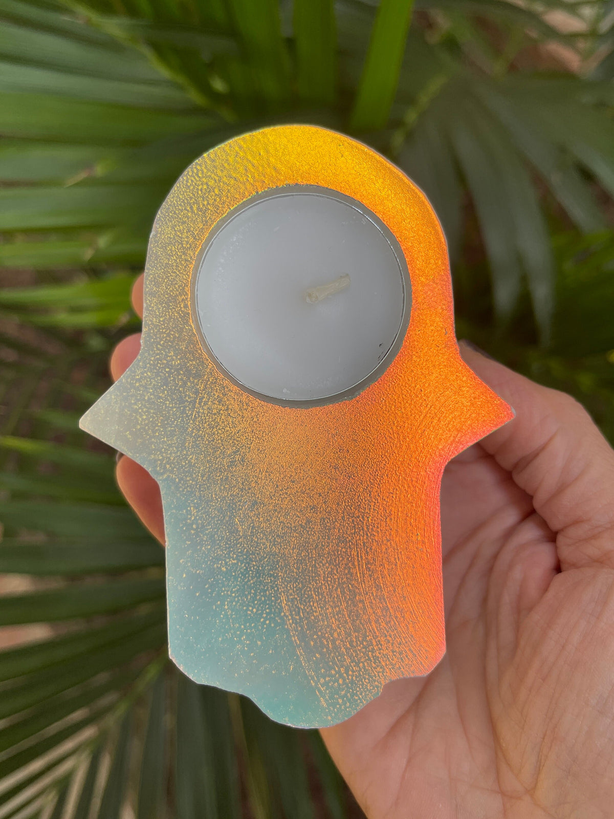 Aura Selenite Hamsa Tea Light Candle Holder: Home Decor Talisman