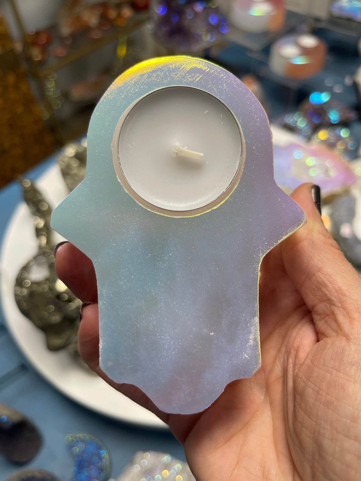 Aura Selenite Hamsa Tea Light Candle Holder: Home Decor Talisman