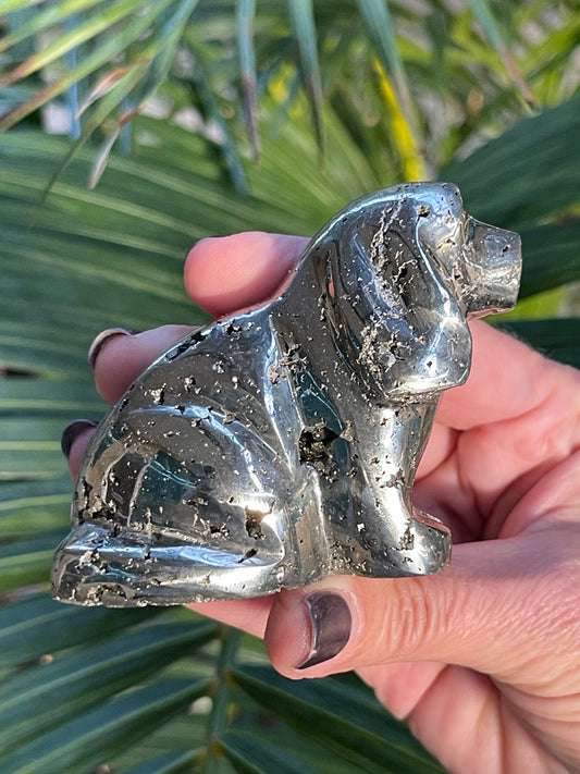 Pyrite Dog Carving: Gemstone Crystal Decor, Gift for Dog Lovers
