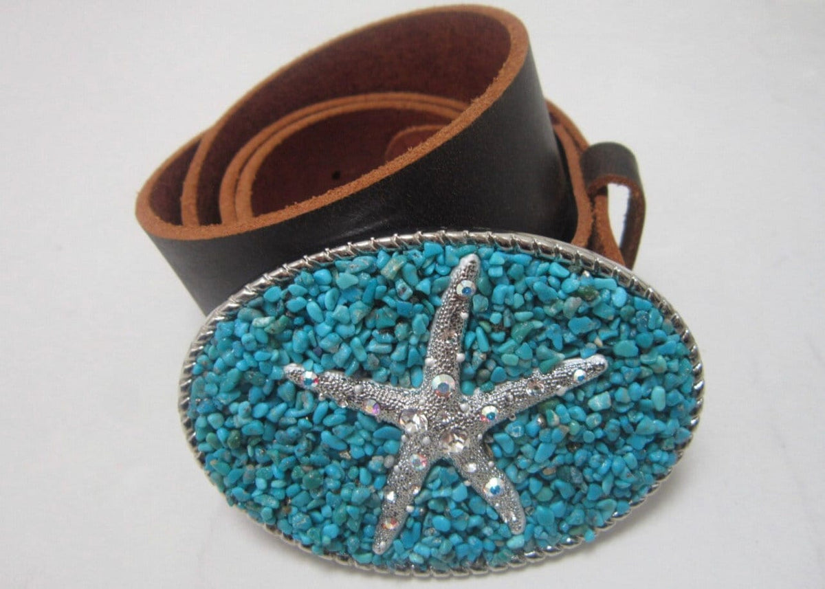 Turquoise Starfish Belt Buckle: AB Crystal Designer Snap Belt
