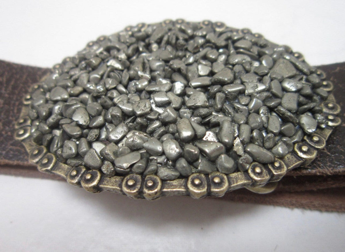 Pyrite Gemstone Belt Buckle: Brass Chain Edge Leather Belt