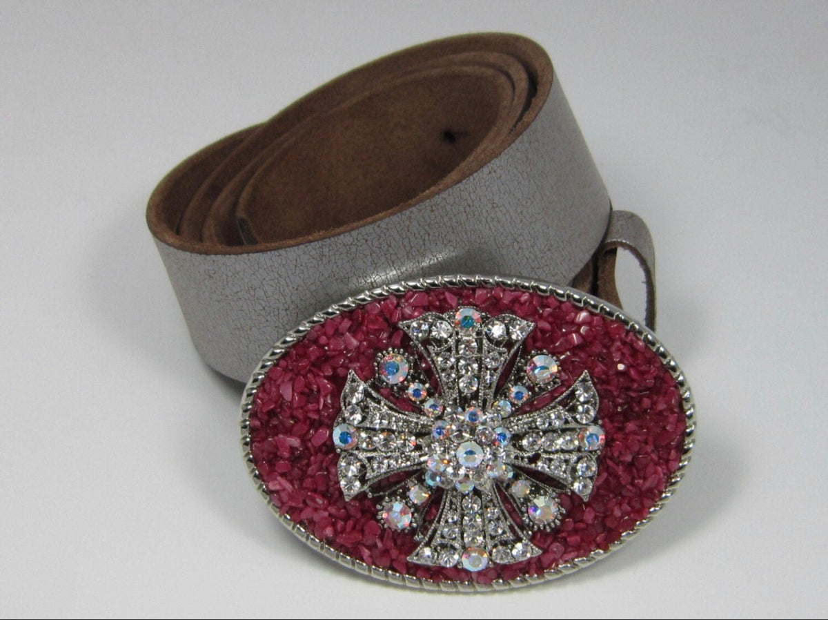 Cherry Quartz Maltese Cross Belt Buckle: Crystal Filigree Gemstone