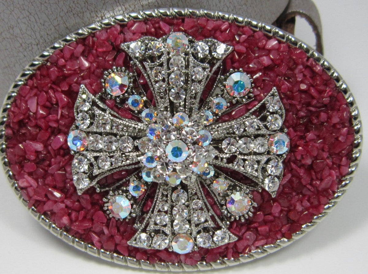 Cherry Quartz Maltese Cross Belt Buckle: Crystal Filigree Gemstone