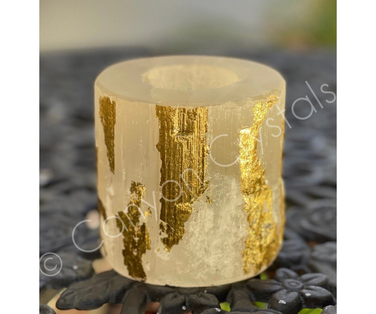 Gold Leaf Selenite Candle Holder: Elegant Home Decor