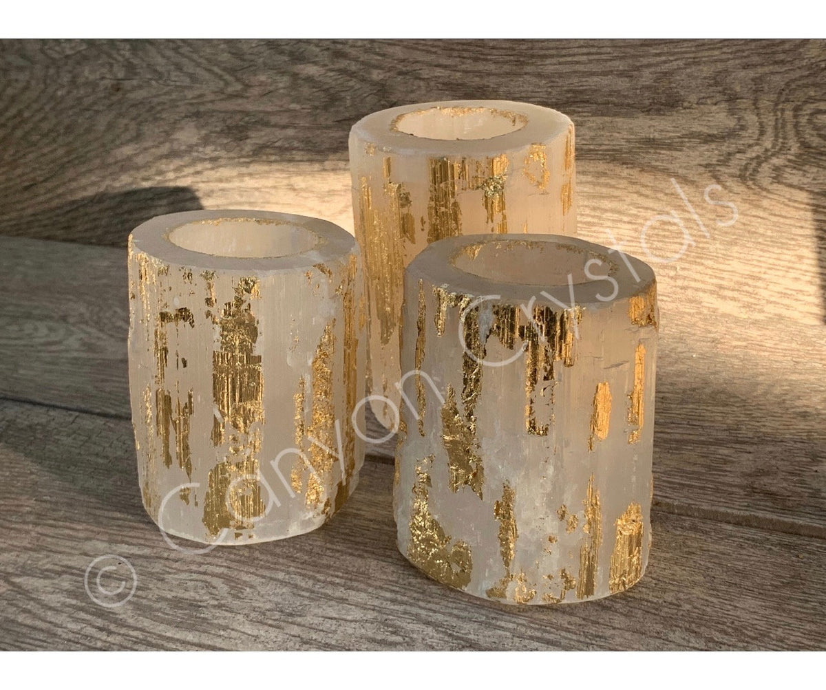 Gold Leaf Selenite Candle Holder: Elegant Home Decor