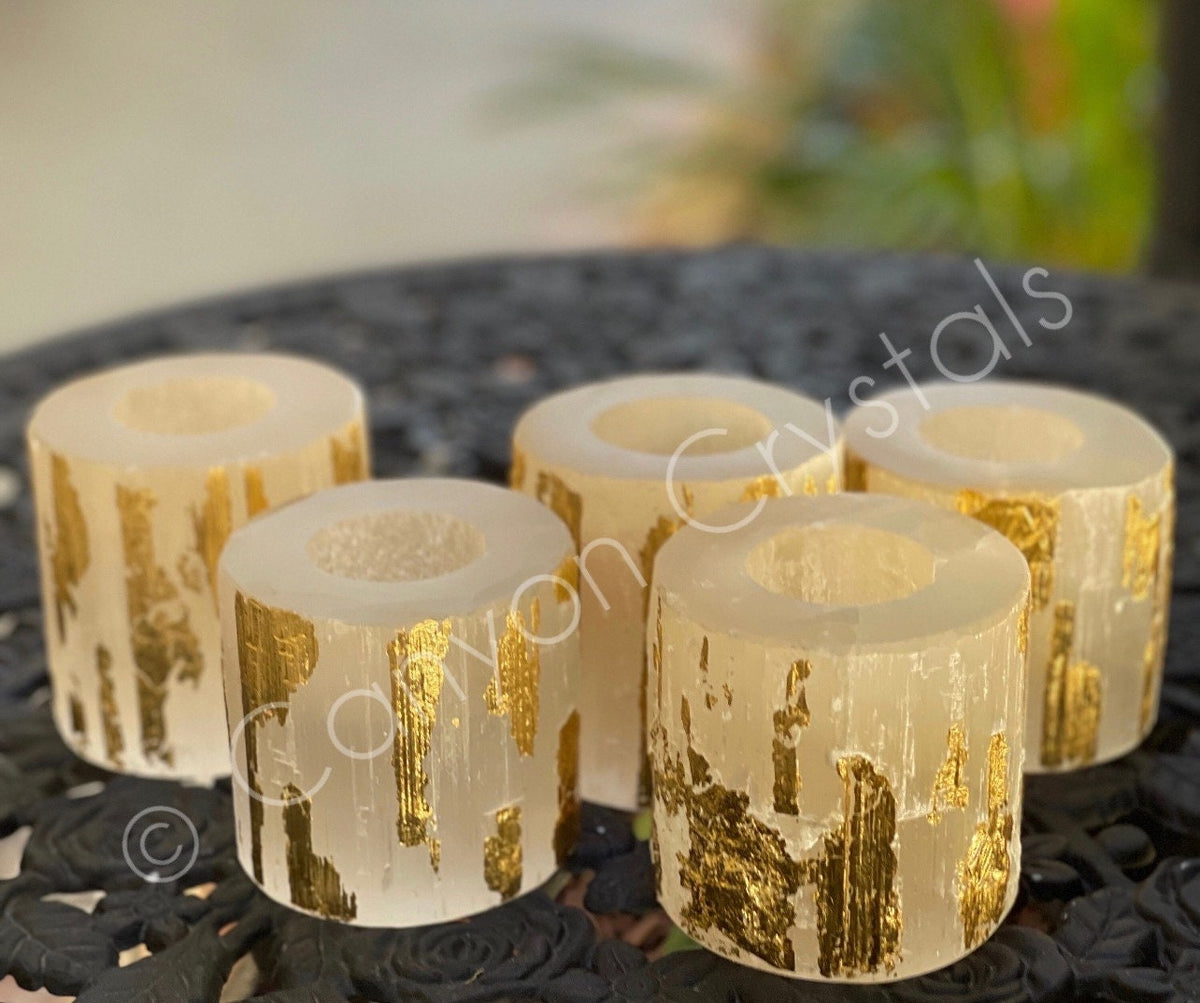 Gold Leaf Selenite Candle Holder: Elegant Home Decor