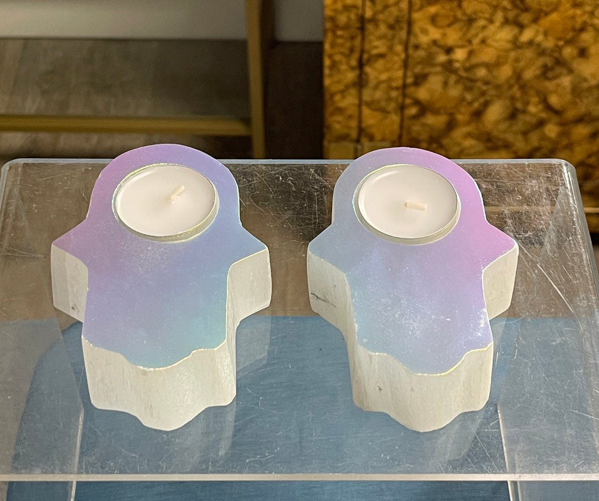 Aura Selenite Hamsa Tea Light Candle Holder: Home Decor Talisman