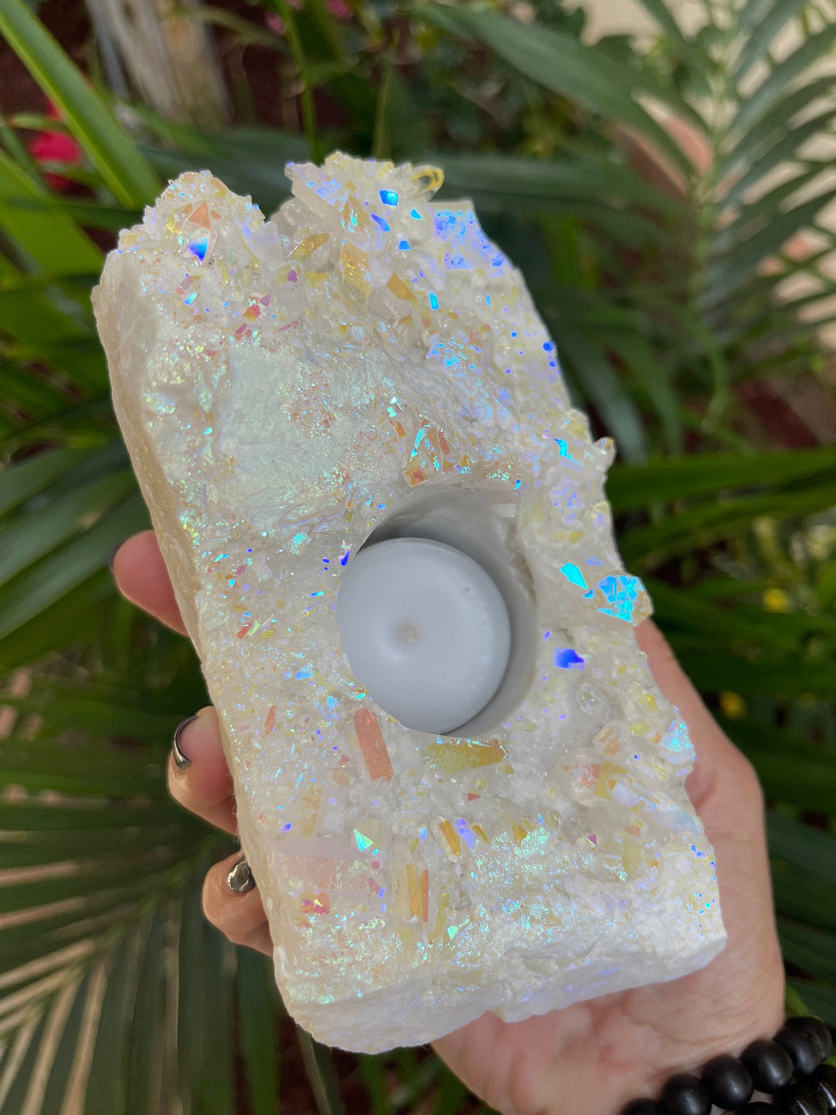 Angel Aura Quartz Candle Holder: Iridescent Crystal Home Decor