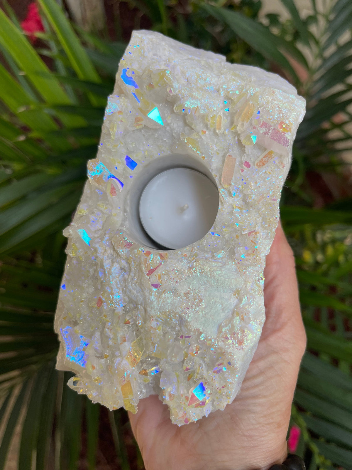Angel Aura Quartz Candle Holder: Iridescent Crystal Home Decor