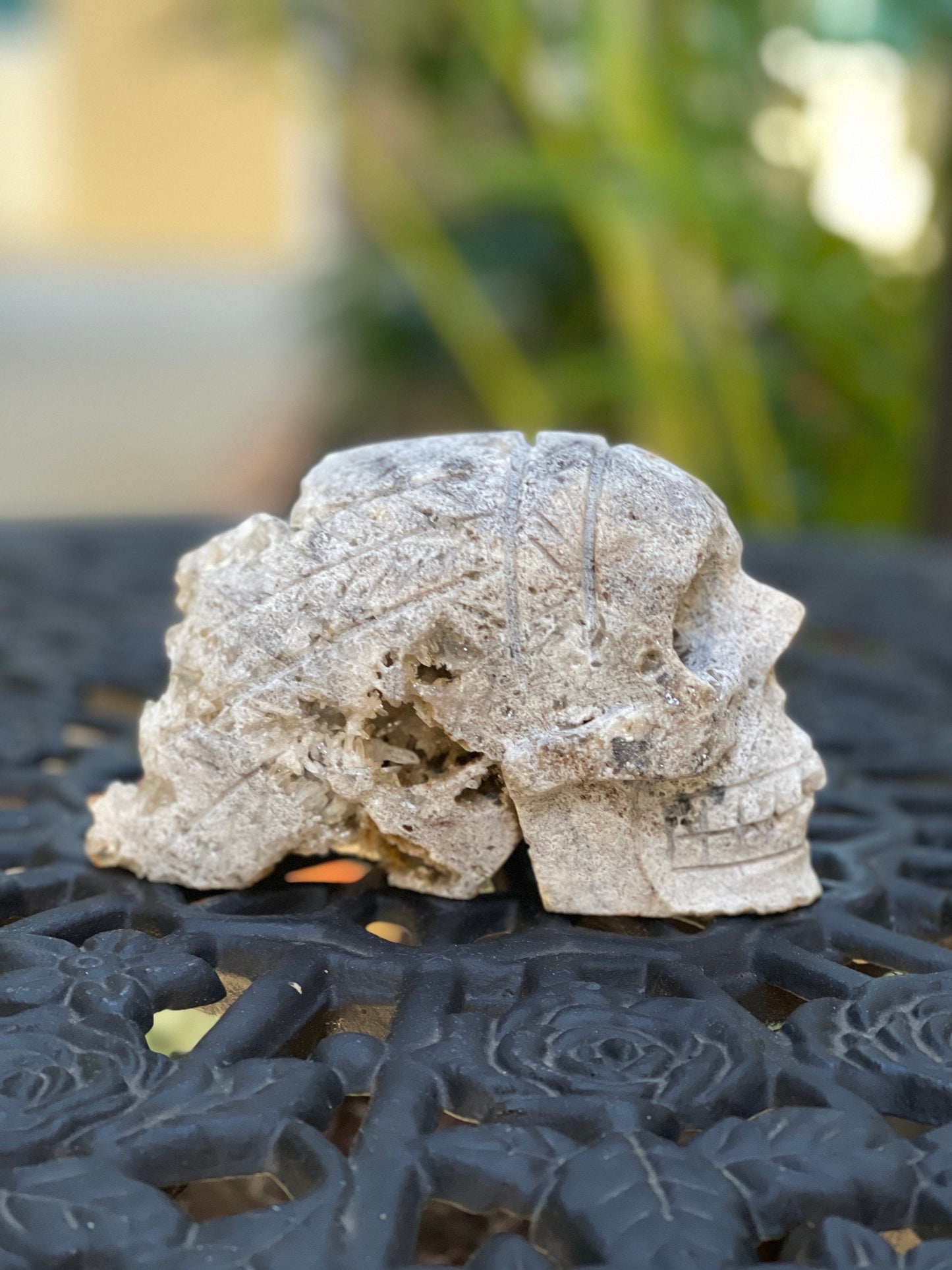 Quartz Crystal Skull: Hand Carved Indian Head, Home Decor (5" x 3" x 2.5")