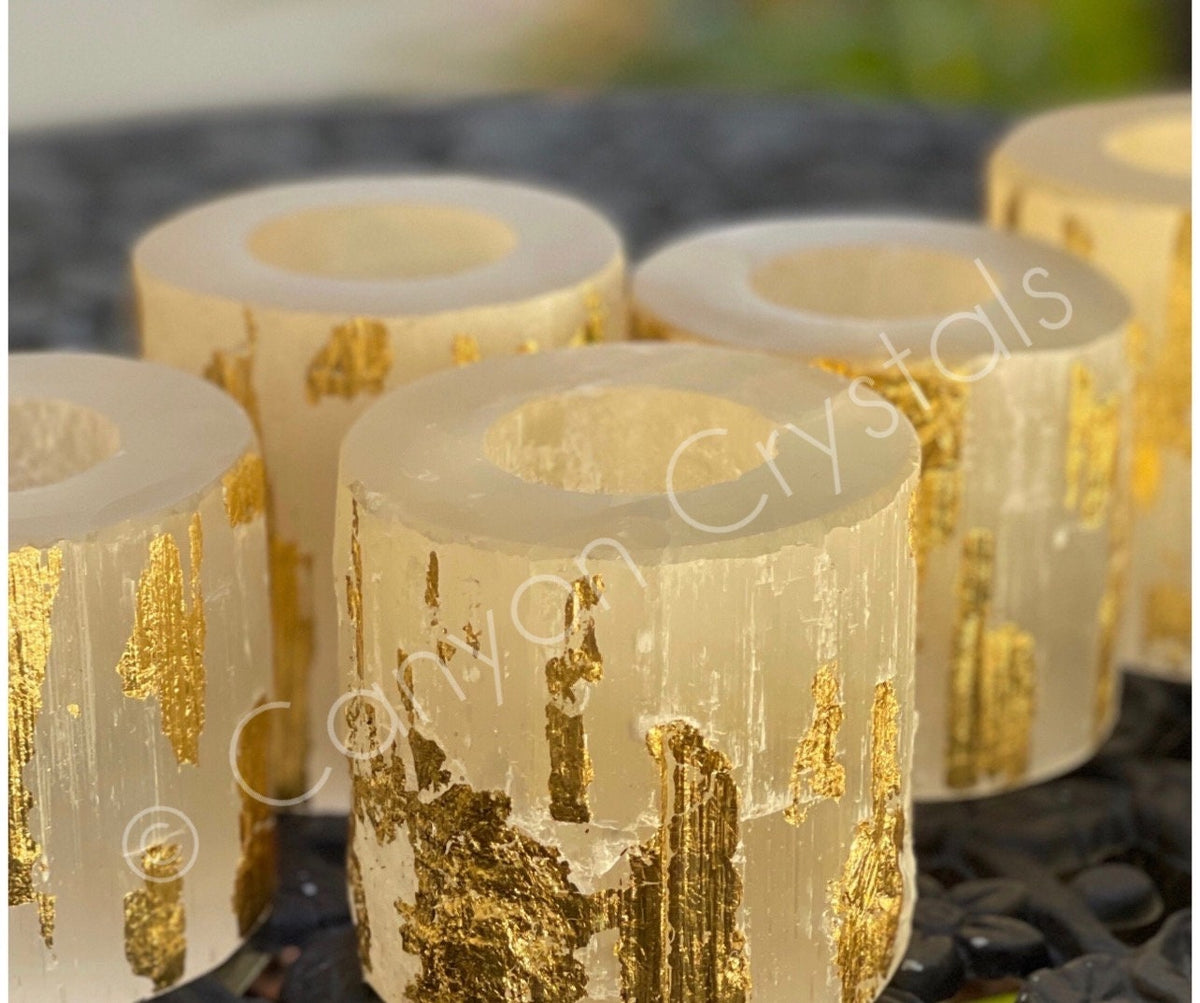 Gold Leaf Selenite Candle Holder: Elegant Home Decor