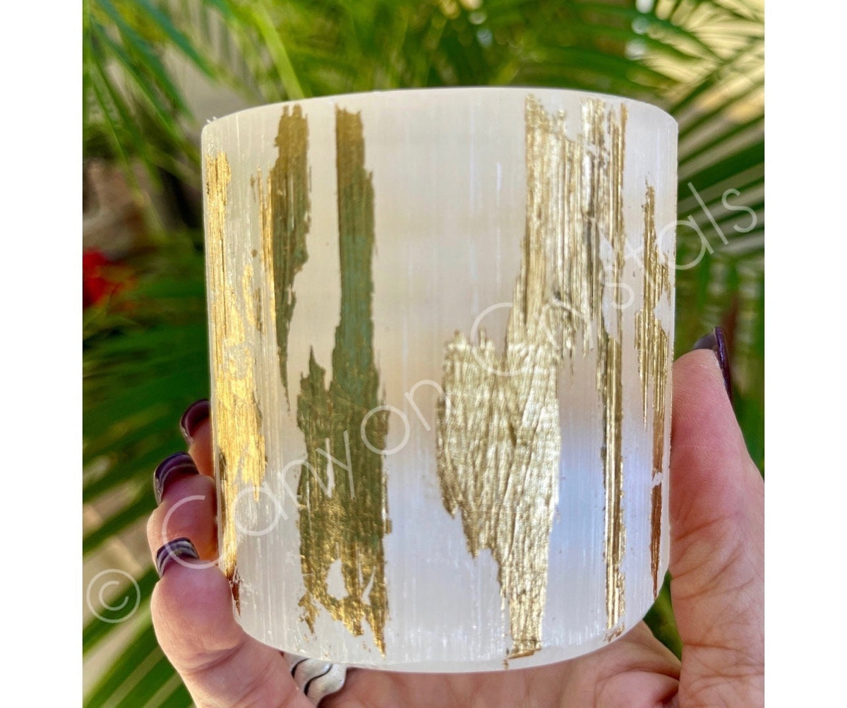 Gold Leaf Selenite Candle Holder: Elegant Home Decor