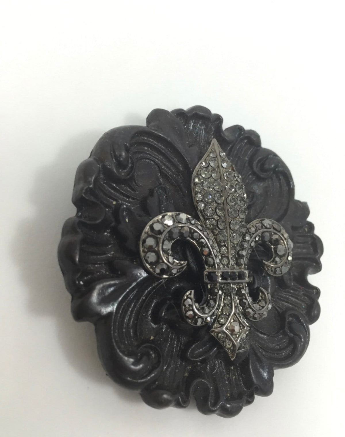 Crystal Fleur de Lis Belt Buckle: Dark Brown Scroll Design