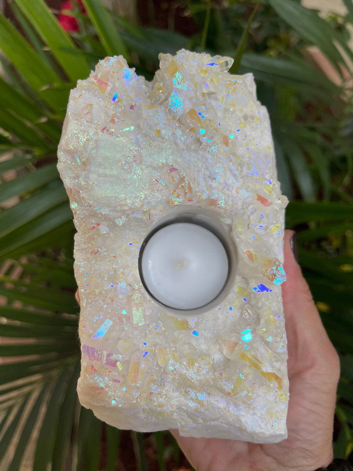 Angel Aura Quartz Candle Holder: Iridescent Crystal Home Decor