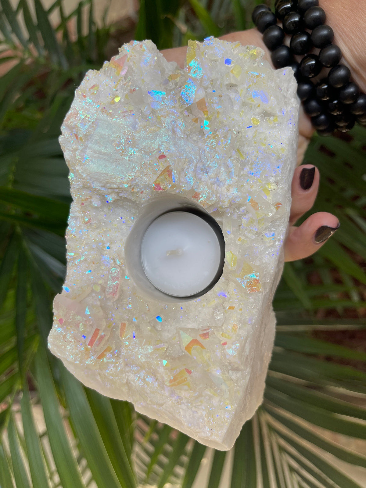 Angel Aura Quartz Candle Holder: Iridescent Crystal Home Decor