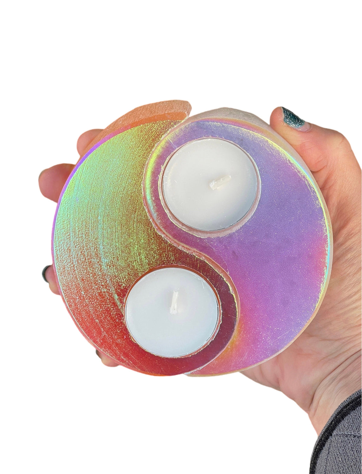 Angel Aura Selenite Yin Yang Candle Holder: Reiki Altar Decor