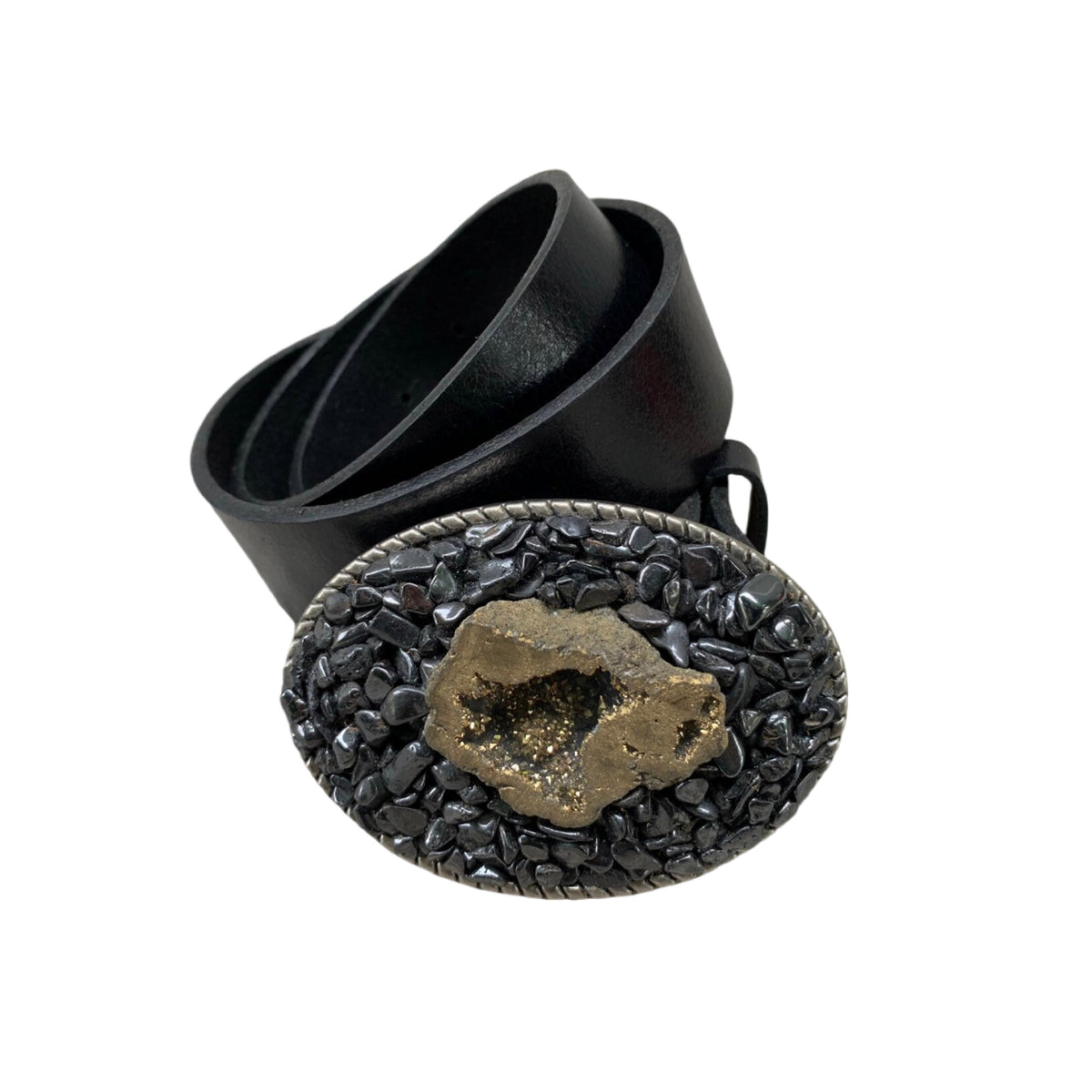 Hematite & Druzy Quartz Belt Buckle: One-of-a-Kind Gemstone Accessory