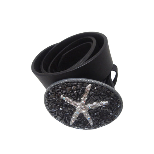 Hematite Starfish Belt Buckle: OOAK Gemstone Leather Snap Belt