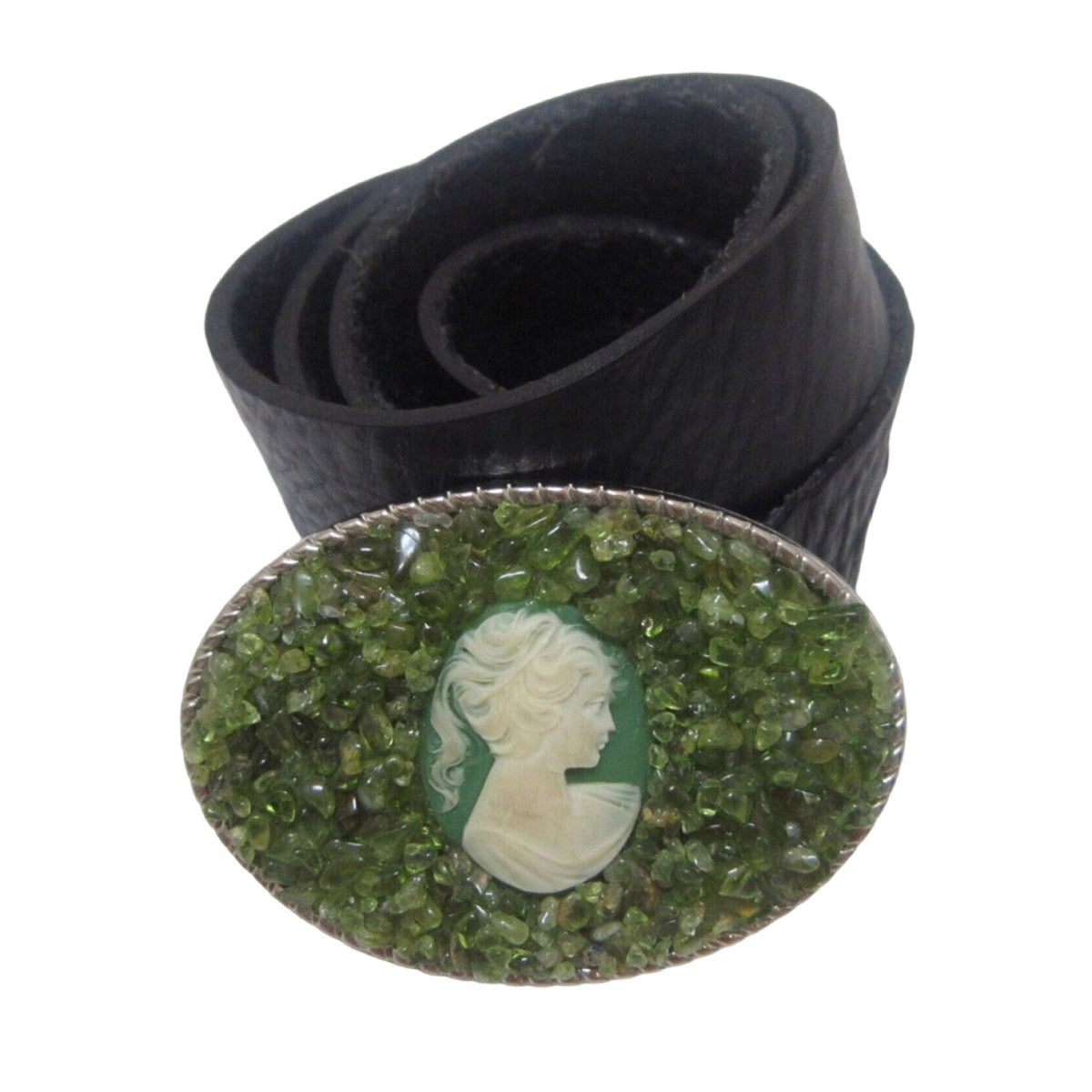 Handcrafted Cameo Peridot Belt Buckle with Leather Snap Belt