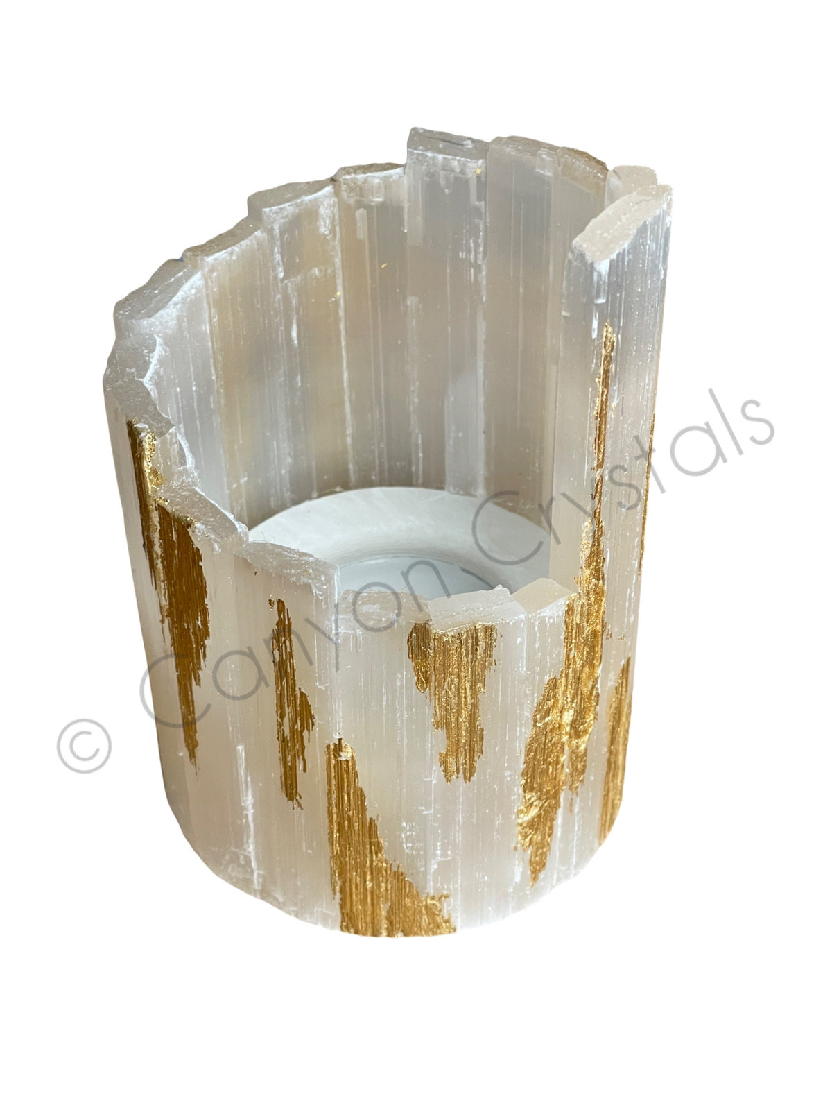 Gold Leaf Selenite Candle Holder, Art Deco Crystal Decor, Wedding Gift
