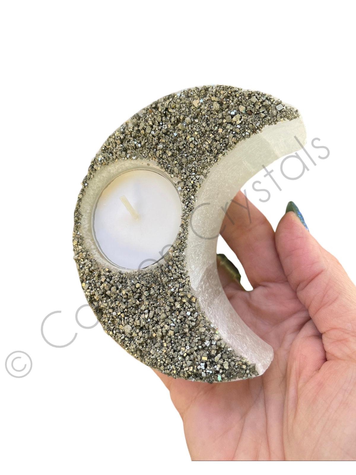Selenite Moon Candle Holder with Pyrite: Lunar Crystal Home Decor