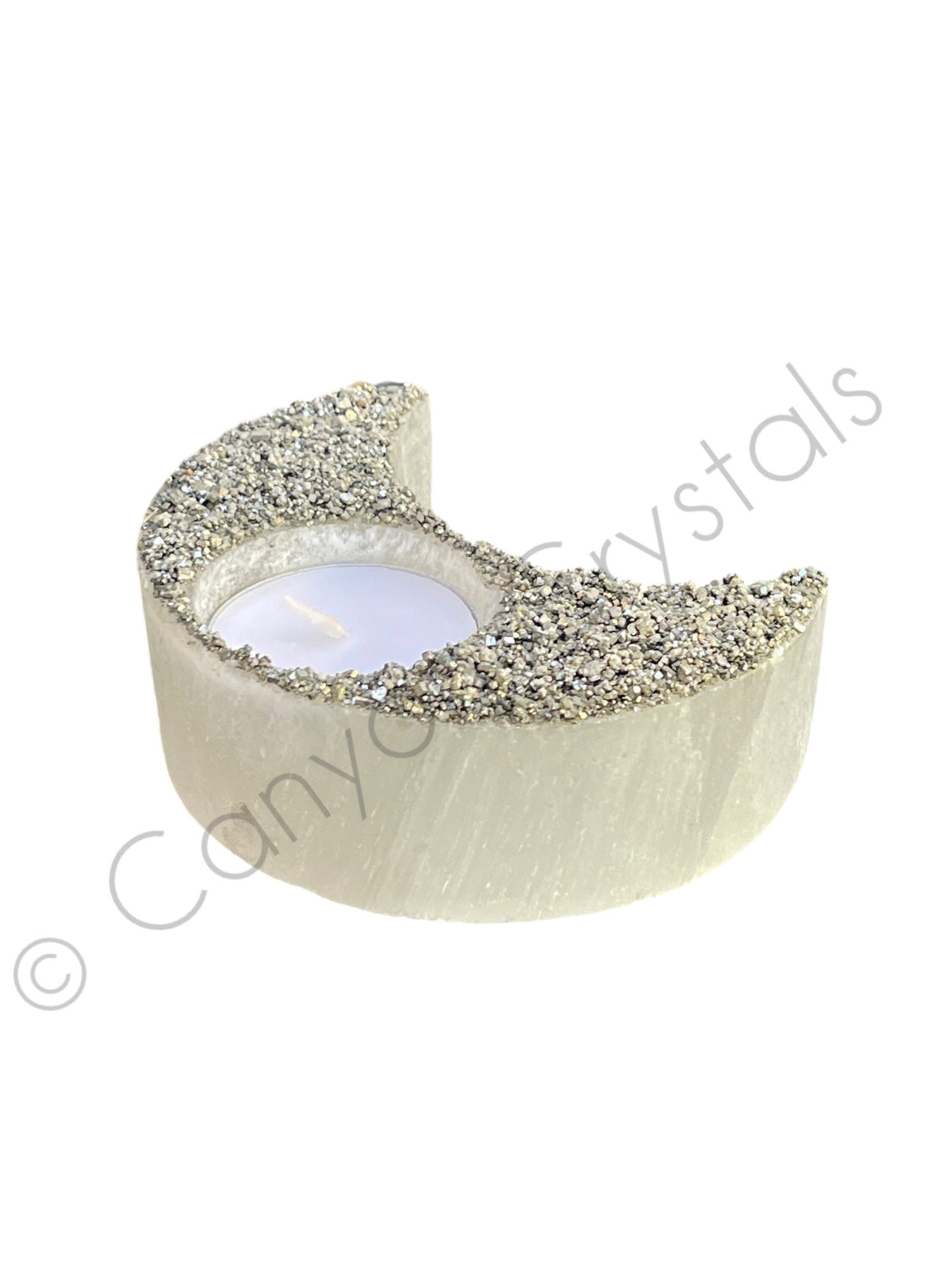 Selenite Moon Candle Holder with Pyrite: Lunar Crystal Home Decor