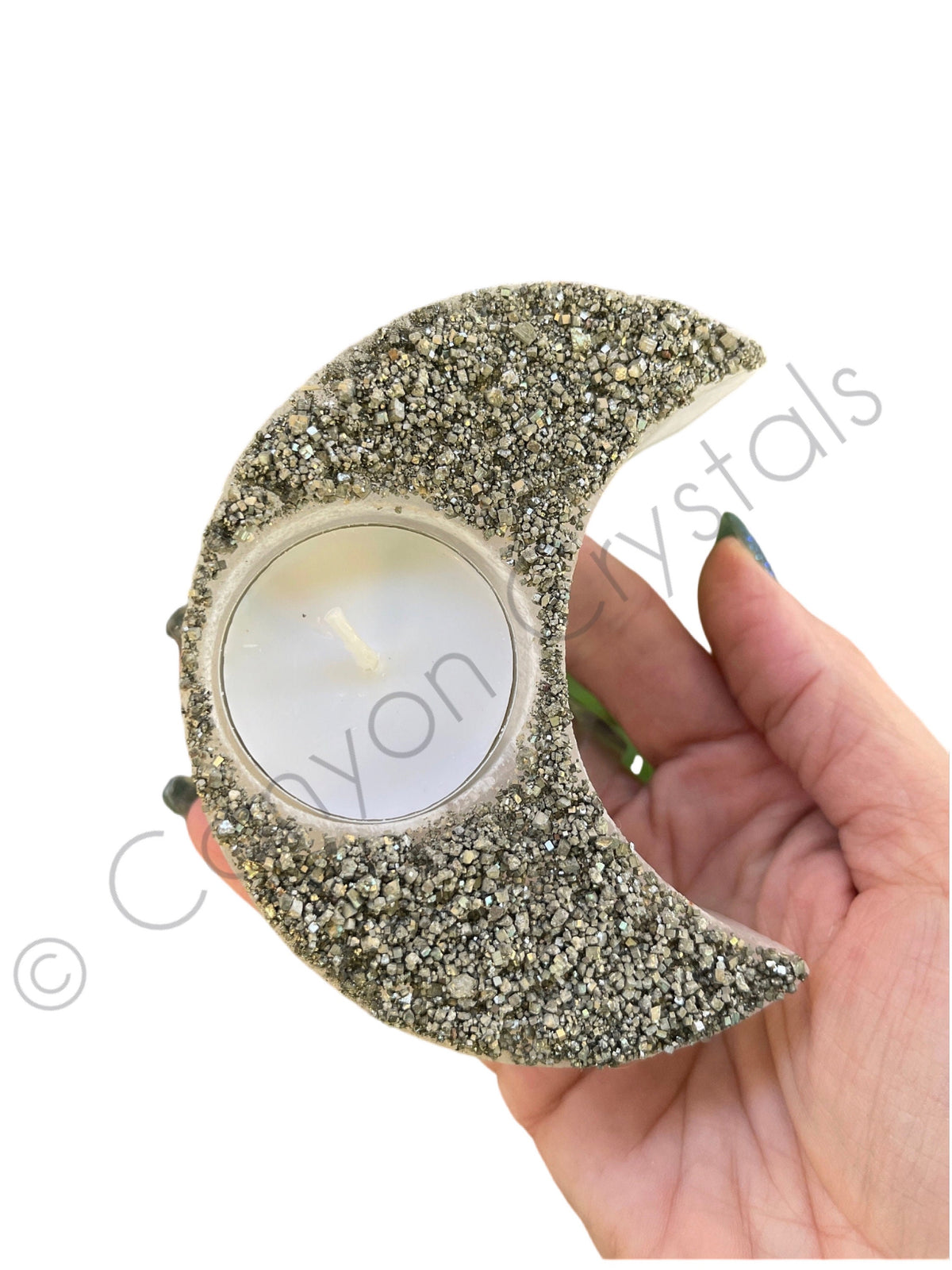Selenite Moon Candle Holder with Pyrite: Lunar Crystal Home Decor