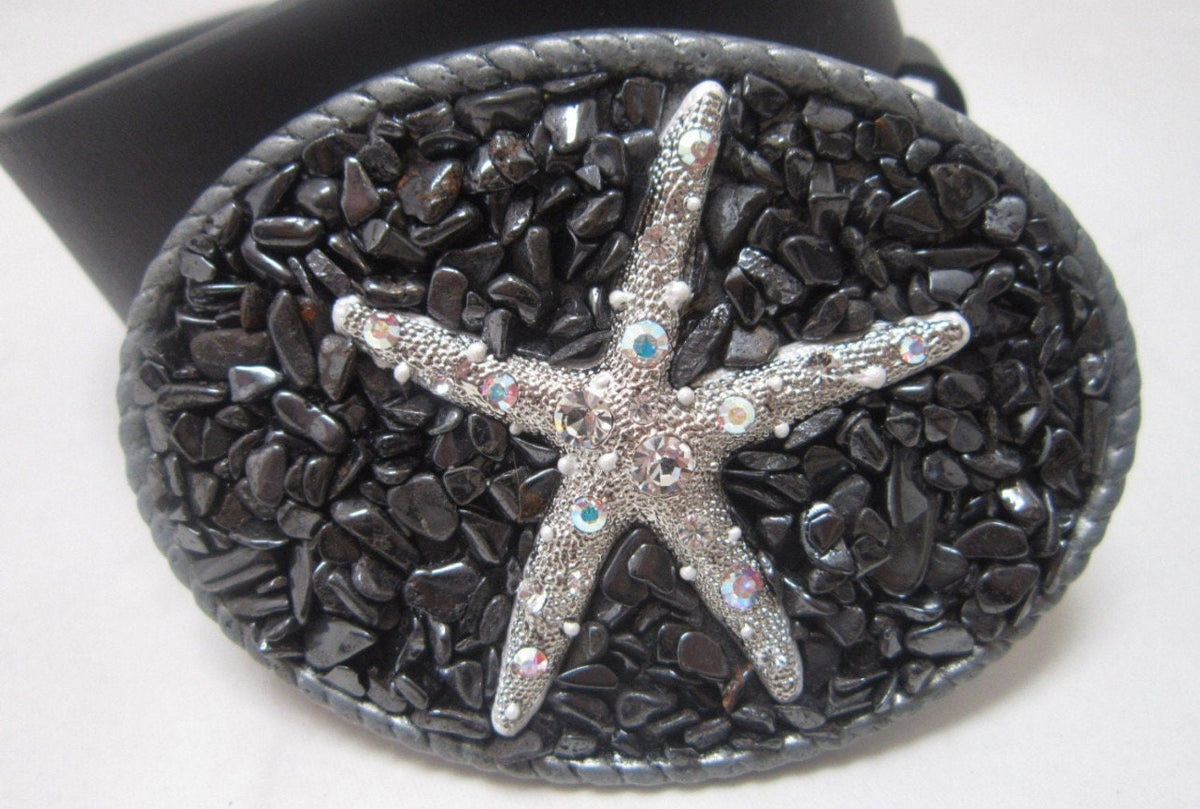 Hematite Starfish Belt Buckle: OOAK Gemstone Leather Snap Belt