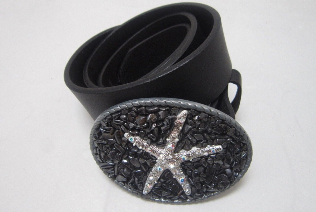 Hematite Starfish Belt Buckle: OOAK Gemstone Leather Snap Belt