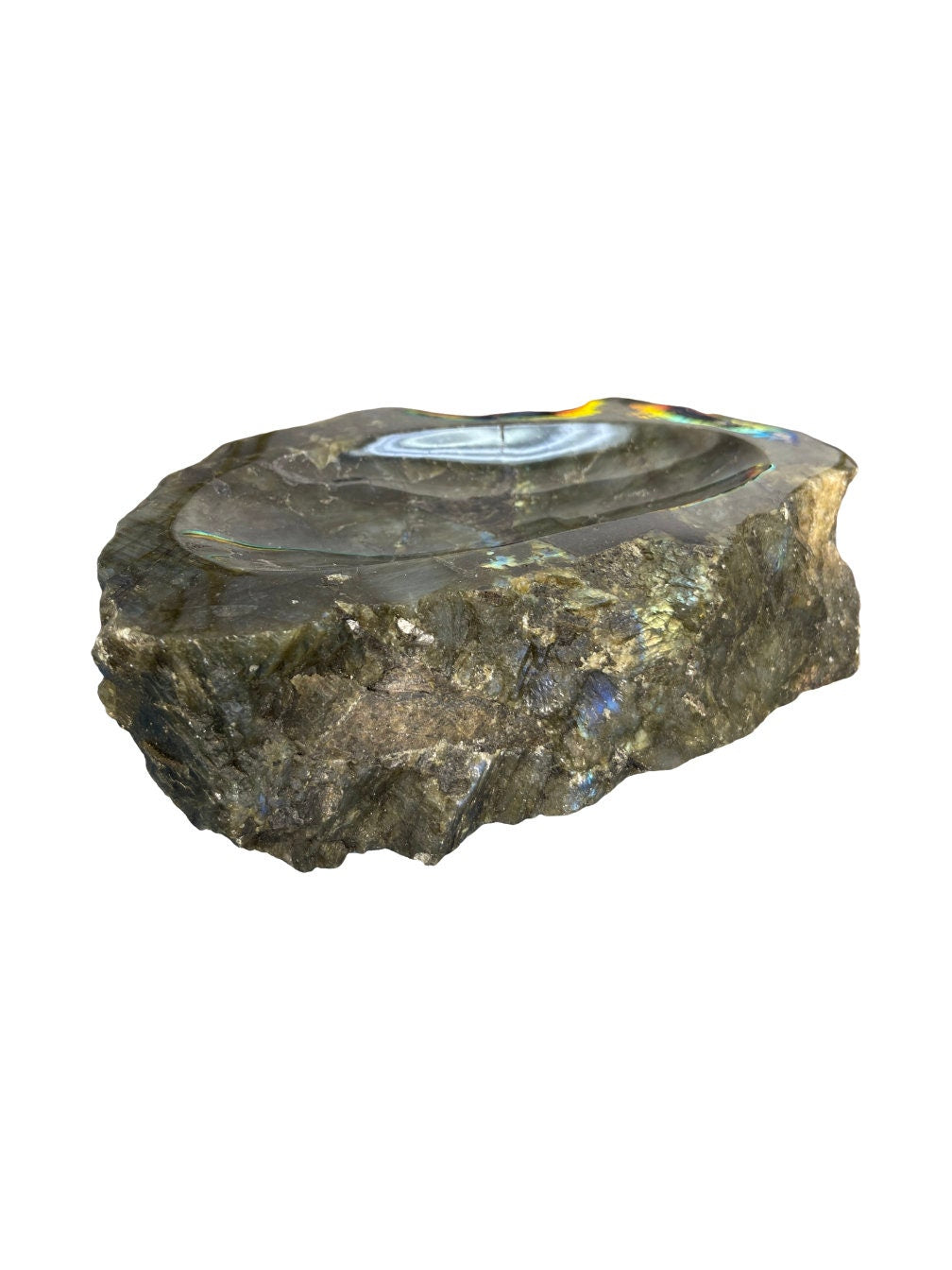 Large Flashy Labradorite Crystal Bowl: Luxury Gemstone Cigar Tray