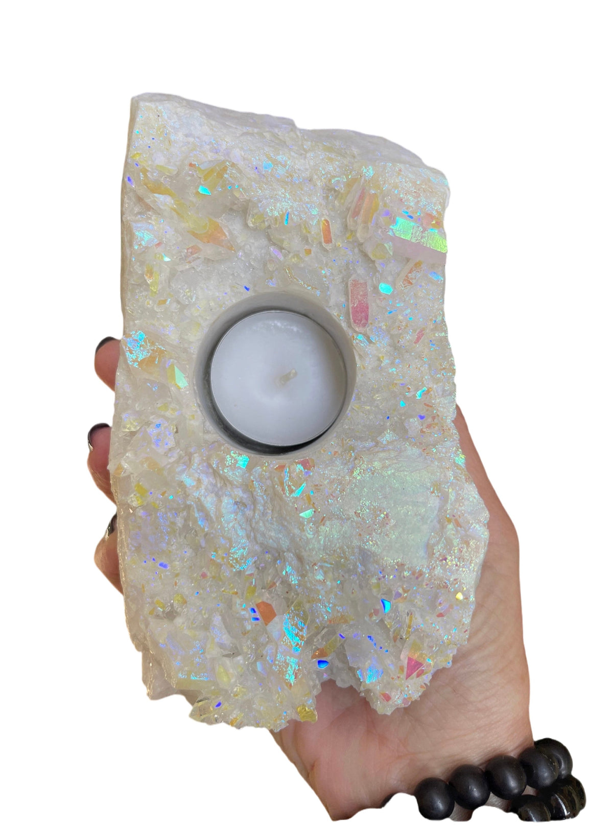 Angel Aura Quartz Candle Holder: Iridescent Crystal Home Decor