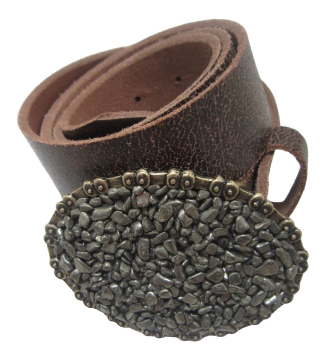 Pyrite Gemstone Belt Buckle: Brass Chain Edge Leather Belt