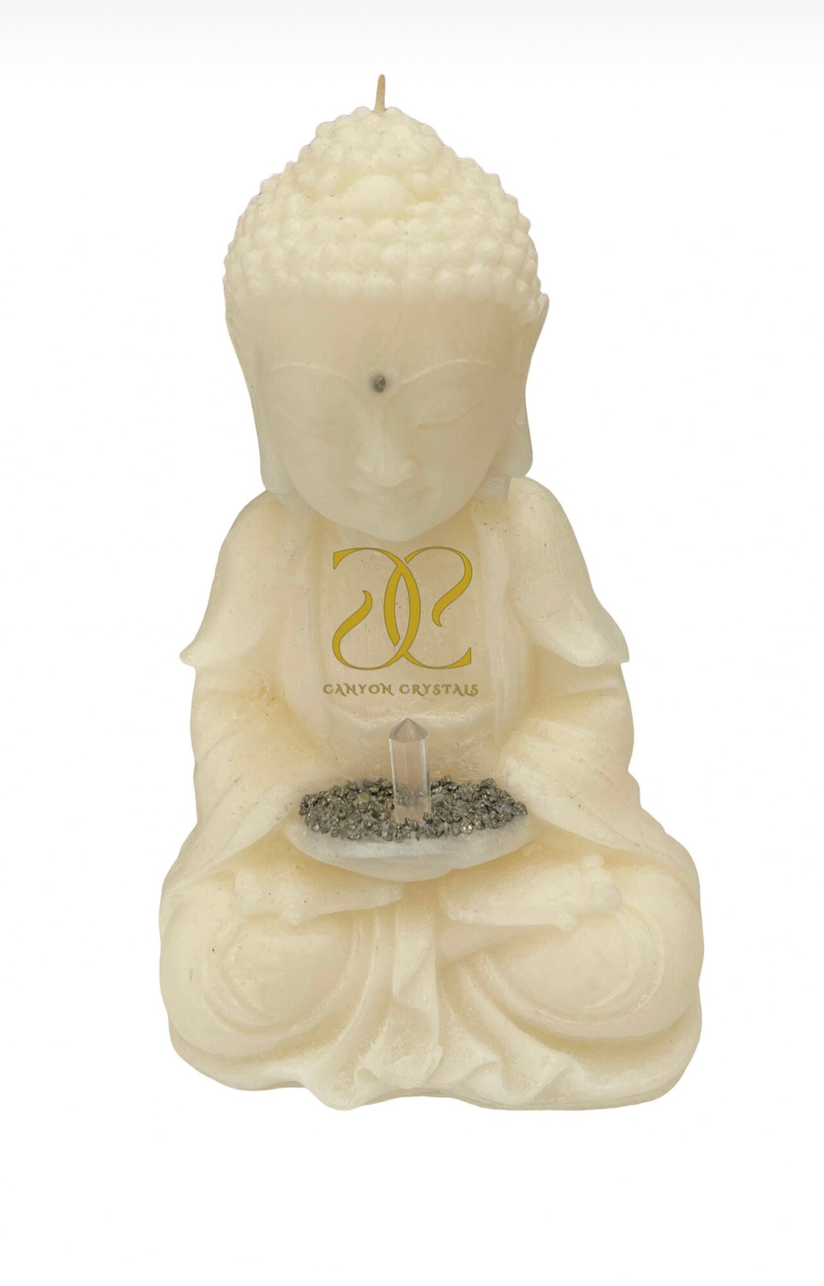 Meditating Buddha Candle: Soy Wax with Pyrite & Quartz Crystal