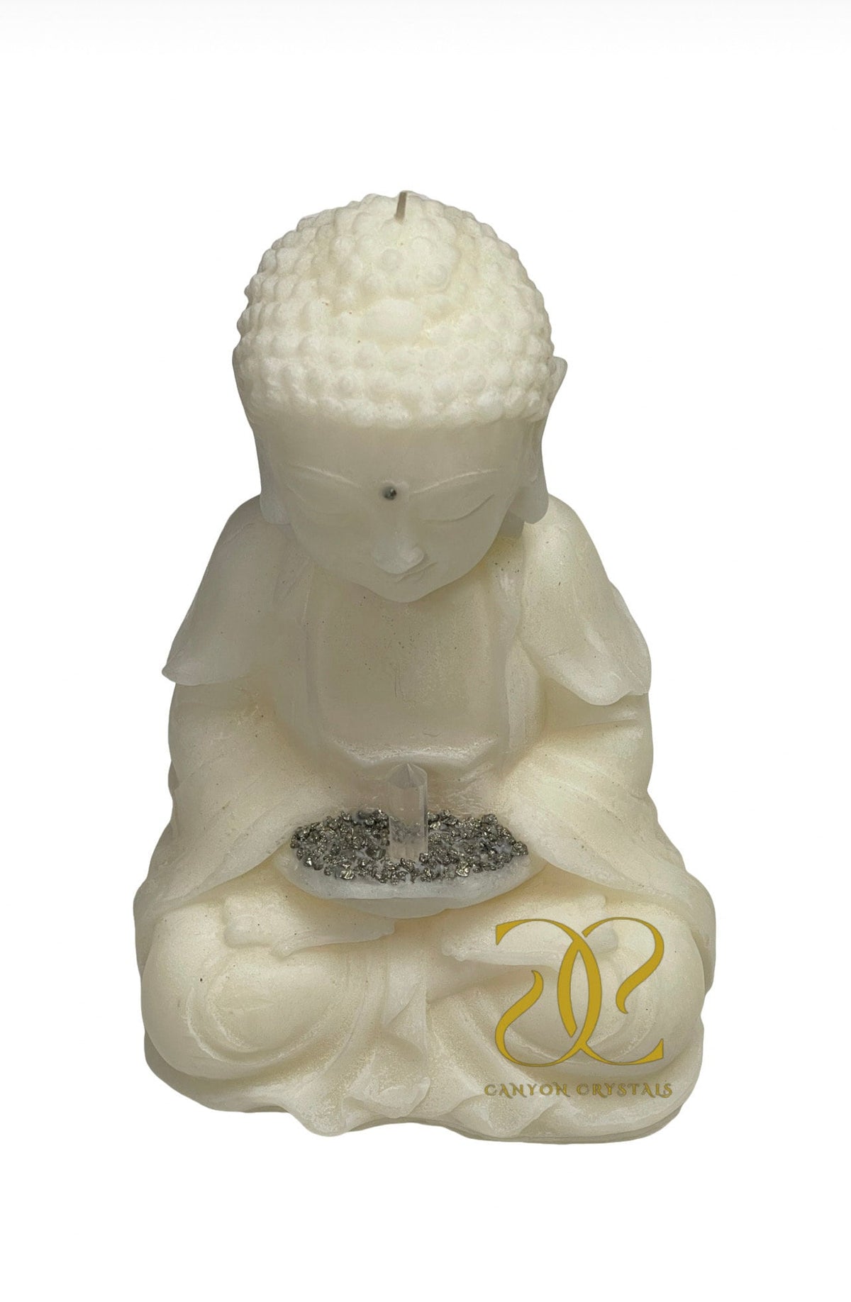 Meditating Buddha Candle: Soy Wax with Pyrite & Quartz Crystal