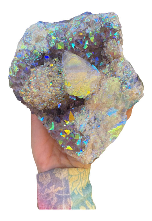 Angel Aura Amethyst Cut base, Galaxy Amethyst, Amethyst with Calcite, Aura Crystals, Druzy Quartz, Home Decor, Statement piece