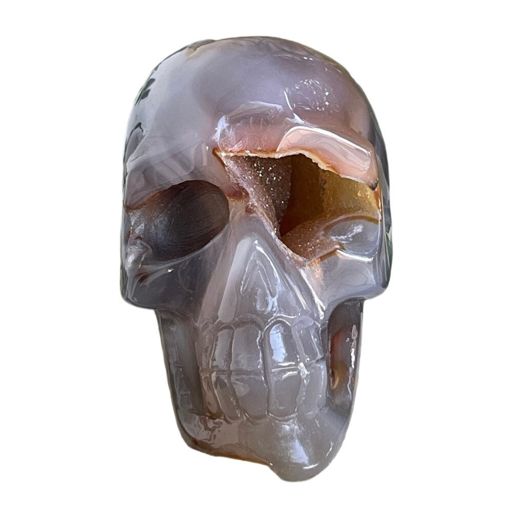 Druzy Agate Skull Carving – Reiki Charged Altar Decor (4" x 2.5")