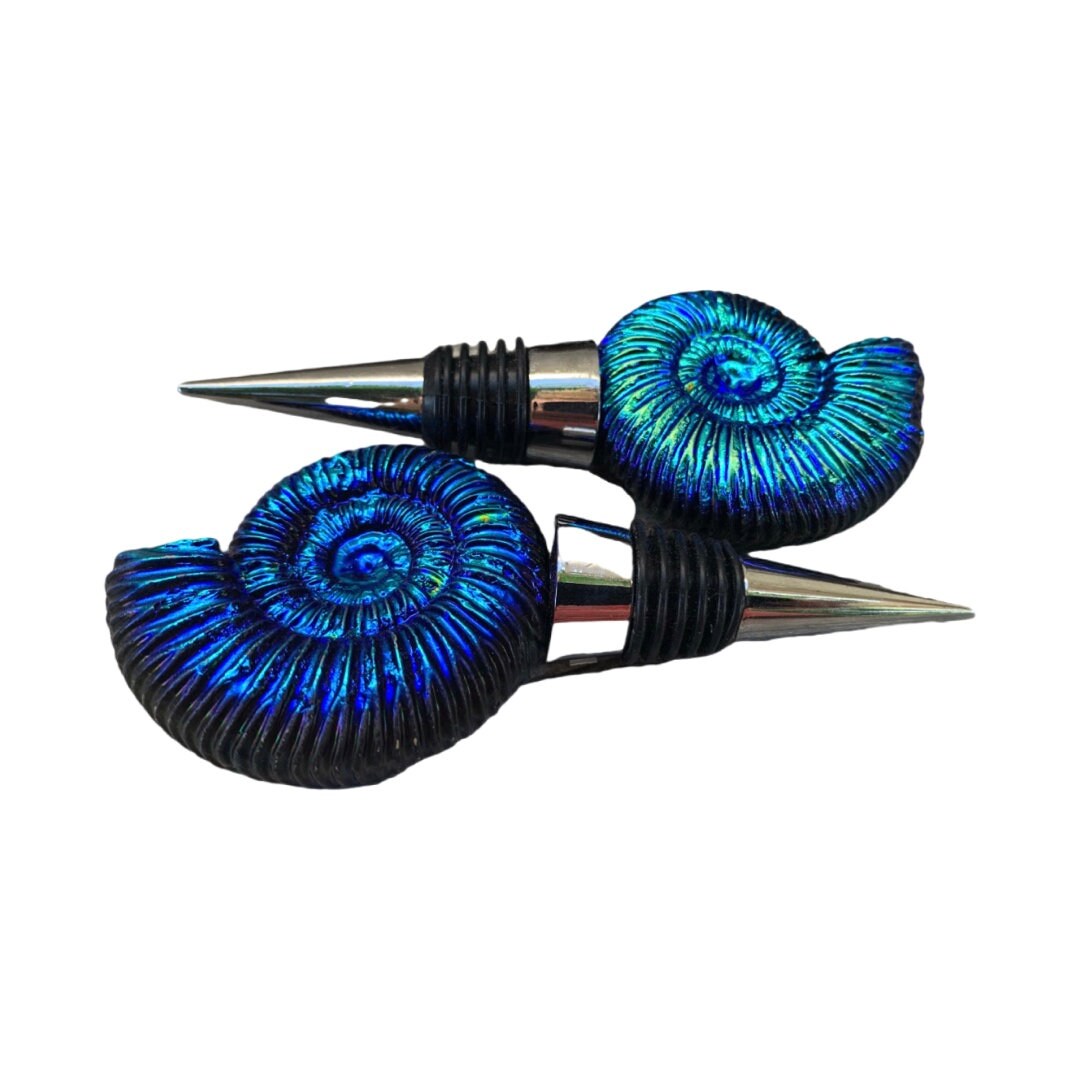 Titanium Aura Ammonite Fossil Wine Stopper: Iridescent Bar Decor