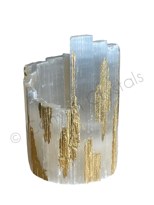 Gold Leaf Selenite Candle Holder, Art Deco Crystal Decor, Wedding Gift