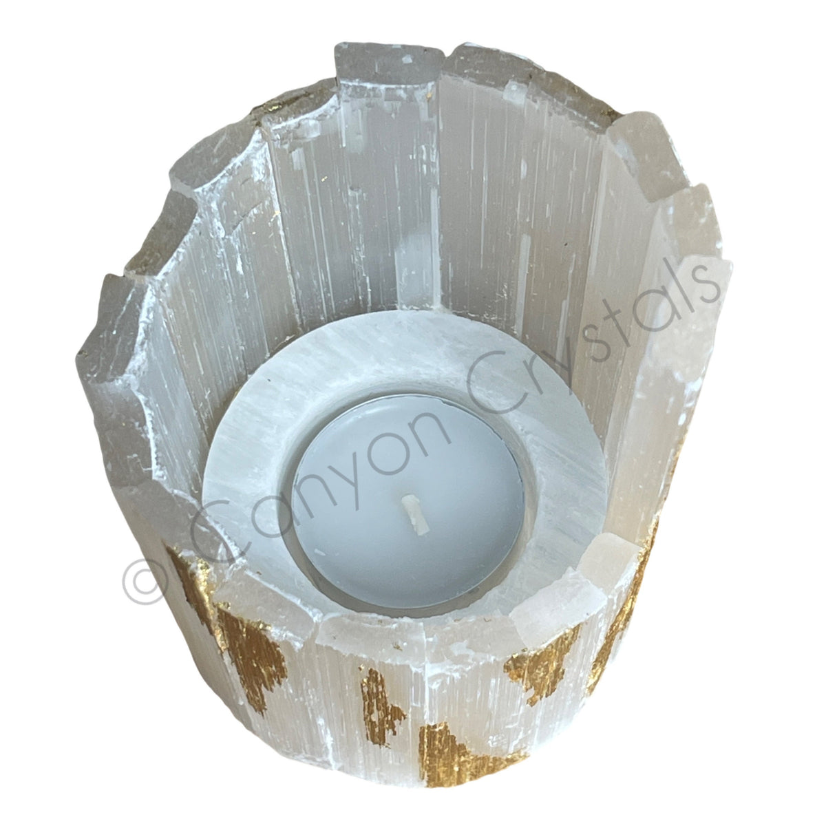 Gold Leaf Selenite Candle Holder, Art Deco Crystal Decor, Wedding Gift