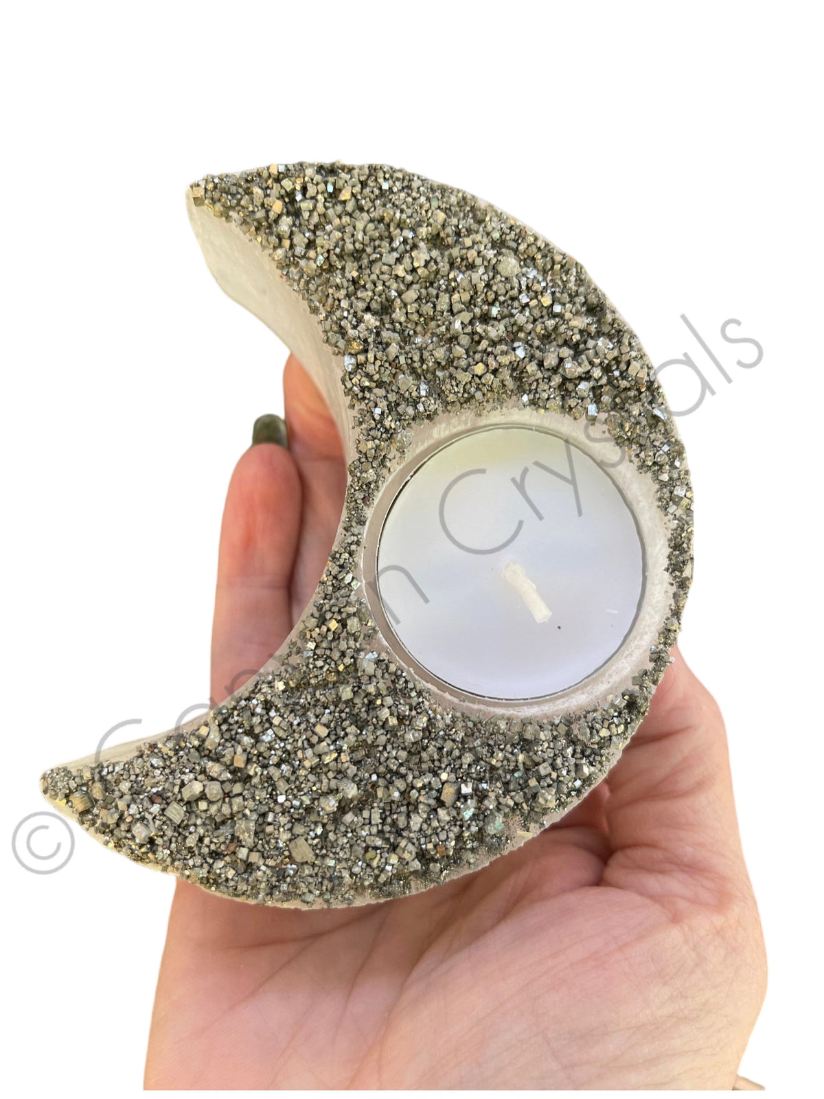 Selenite Moon Candle Holder with Pyrite: Lunar Crystal Home Decor
