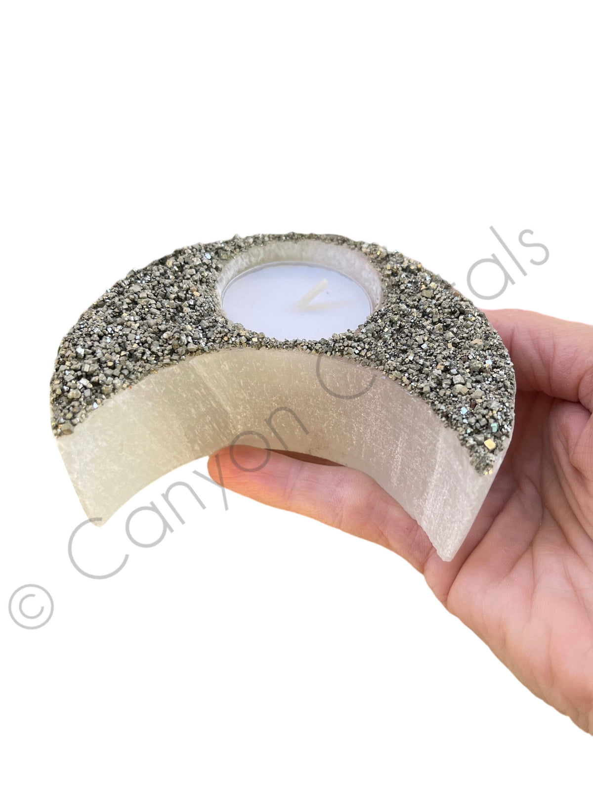 Selenite Moon Candle Holder with Pyrite: Lunar Crystal Home Decor