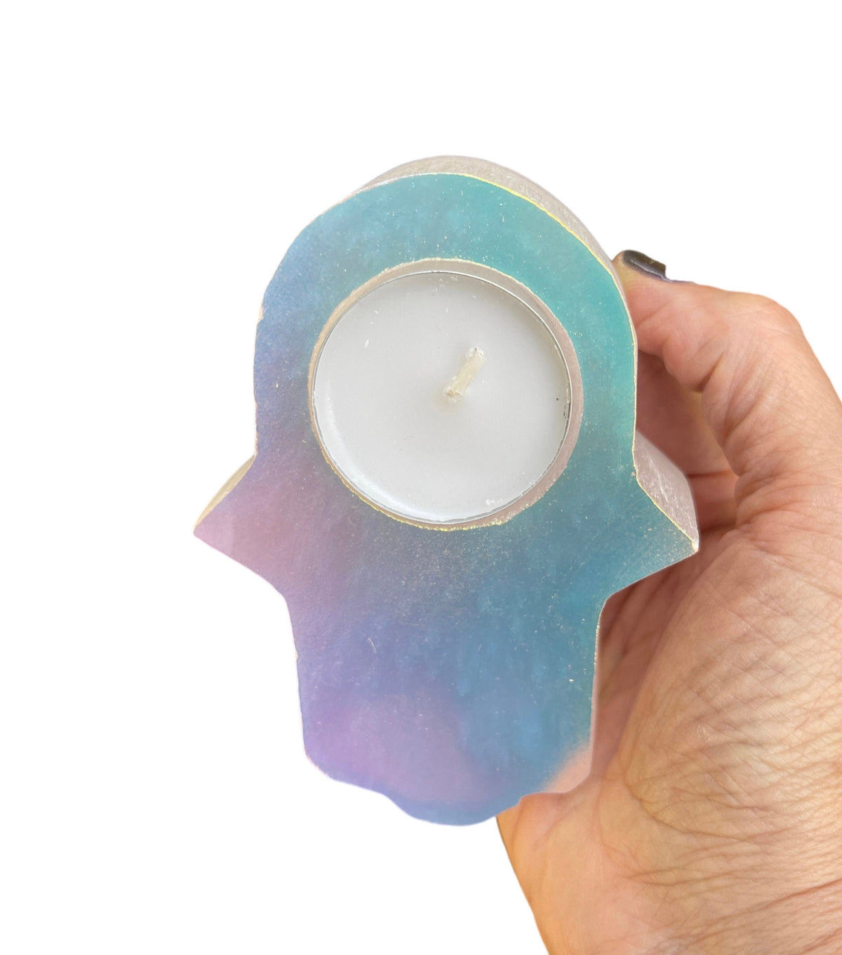Aura Selenite Hamsa Tea Light Candle Holder: Home Decor Talisman