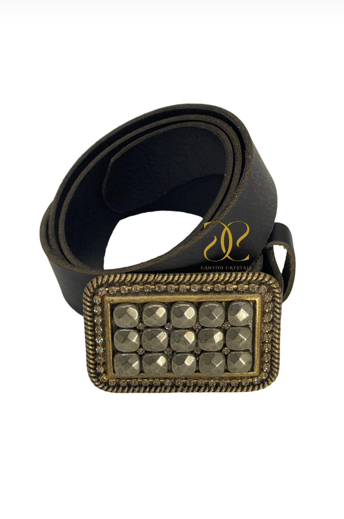 Pyrite & Swarovski Crystal Belt Buckle: Unique Gemstone Snap Belt
