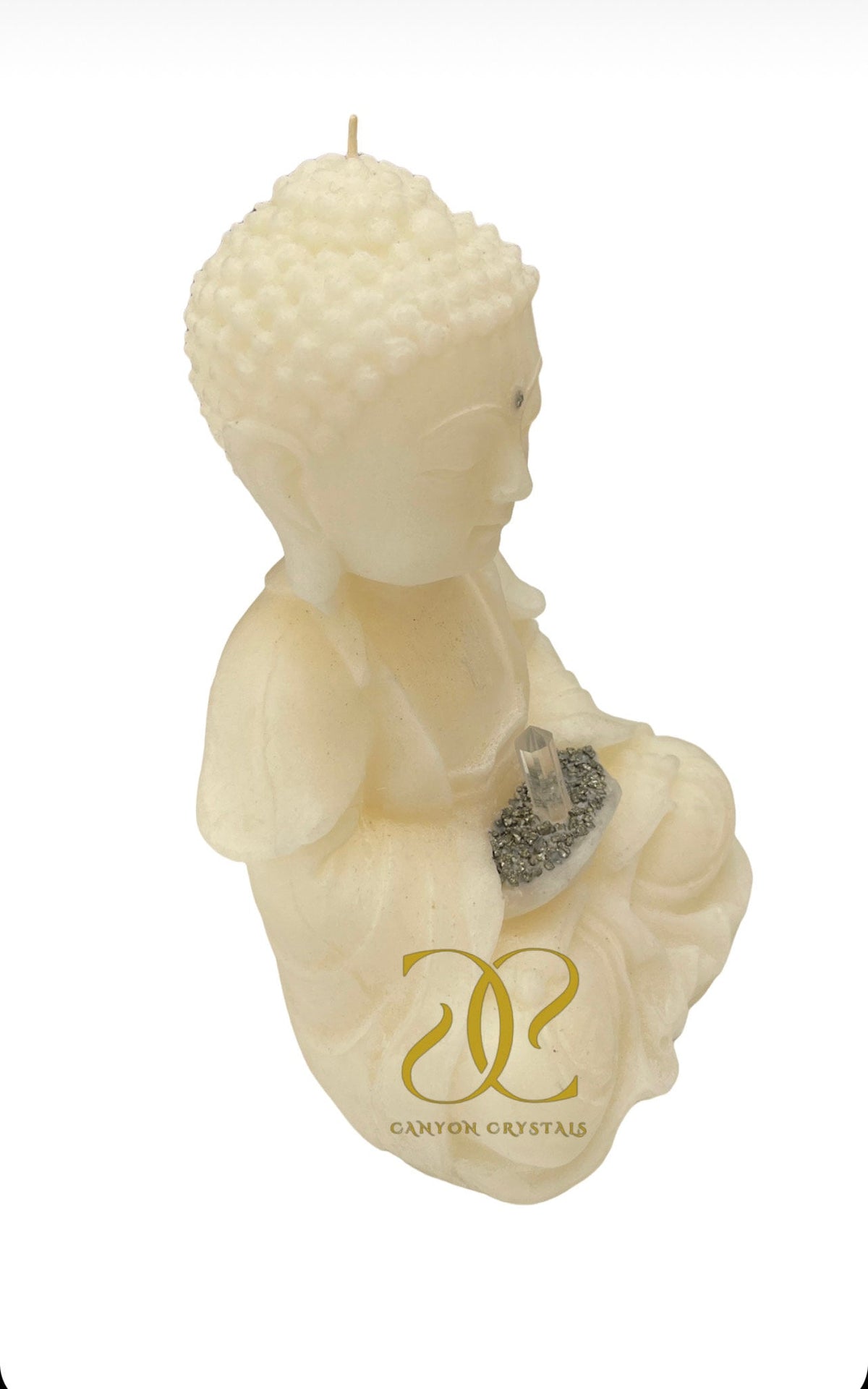 Meditating Buddha Candle: Soy Wax with Pyrite & Quartz Crystal