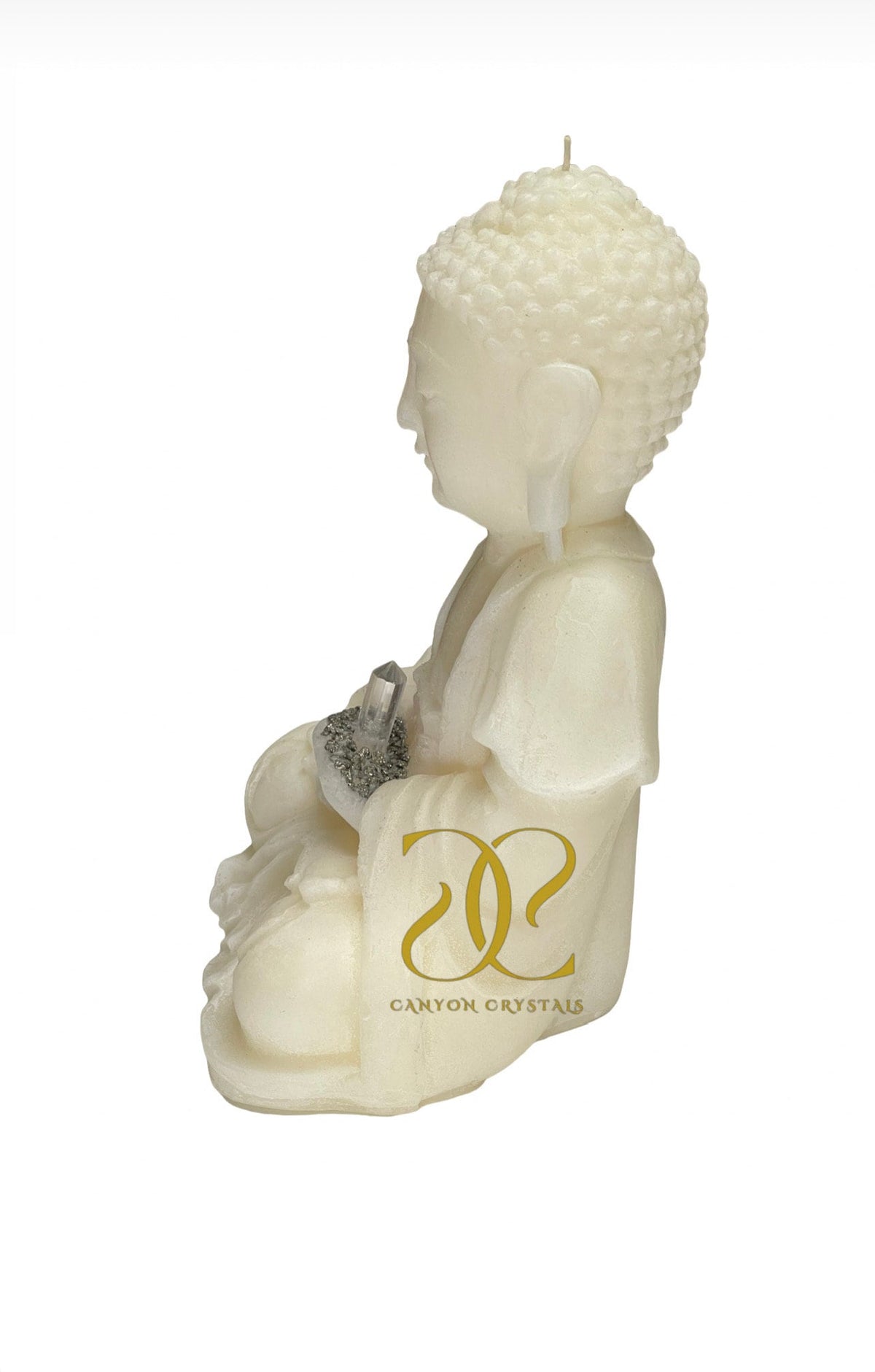 Meditating Buddha Candle: Soy Wax with Pyrite & Quartz Crystal