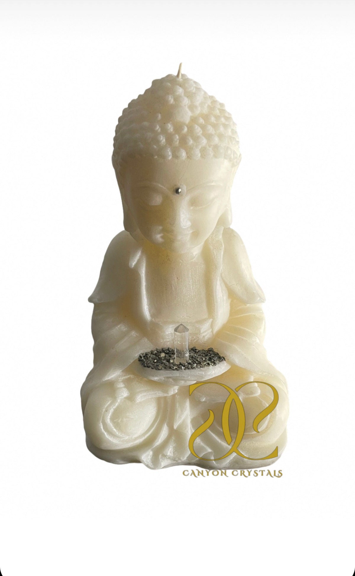 Meditating Buddha Candle: Soy Wax with Pyrite & Quartz Crystal