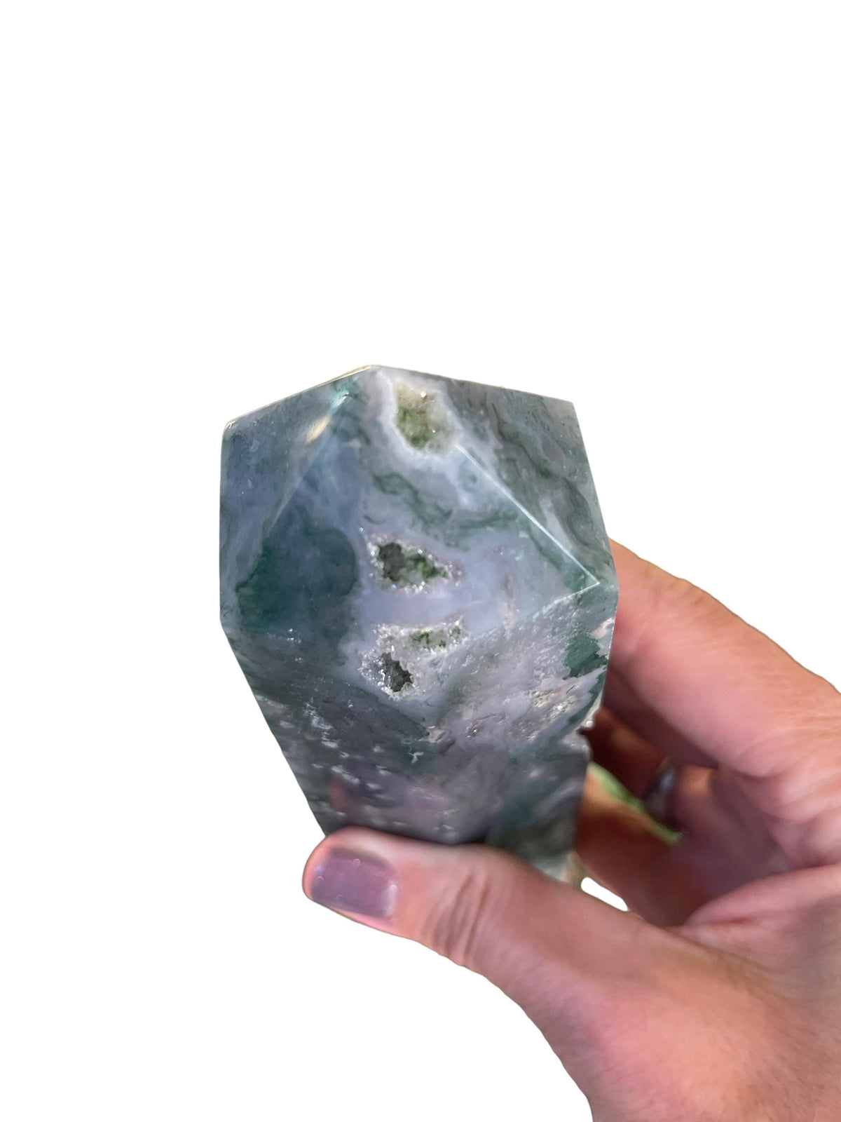 Druzy Moss Agate Tower: Reiki Charged Crystal Obelisk (8.25")