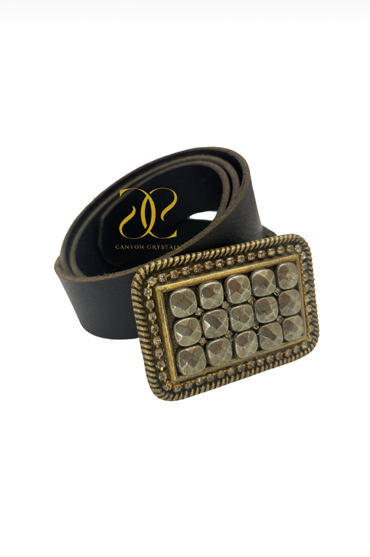 Pyrite & Swarovski Crystal Belt Buckle: Unique Gemstone Snap Belt