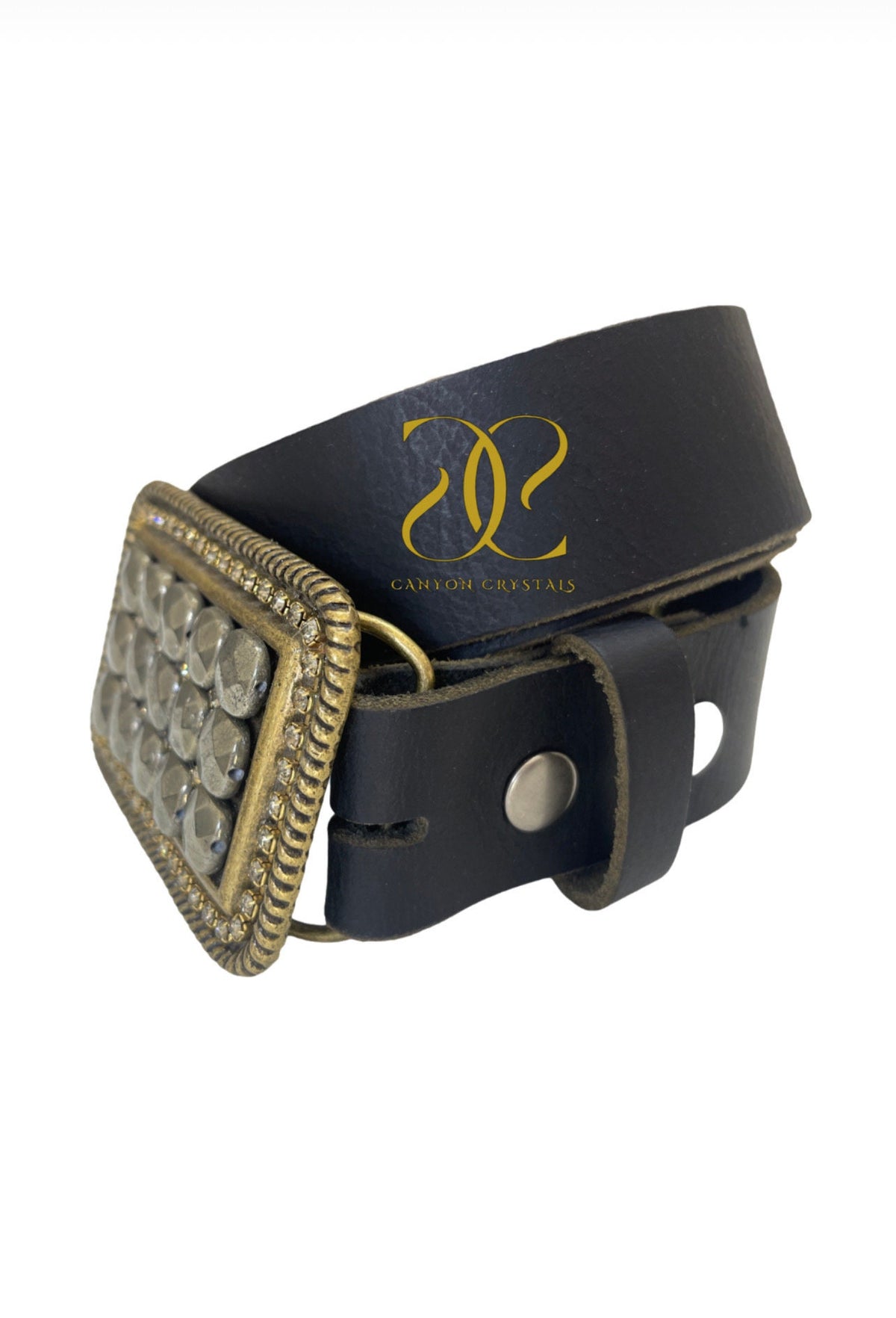 Pyrite & Swarovski Crystal Belt Buckle: Unique Gemstone Snap Belt